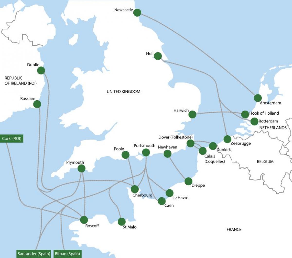 mapa de las rutas de ferry a Holanda